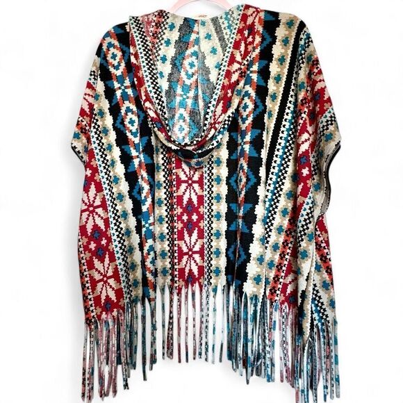 Colorful Hooded (L/XL) Oversized Fringe Printed Shawl / Open Poncho - Large Extr - Picture 1 of 5